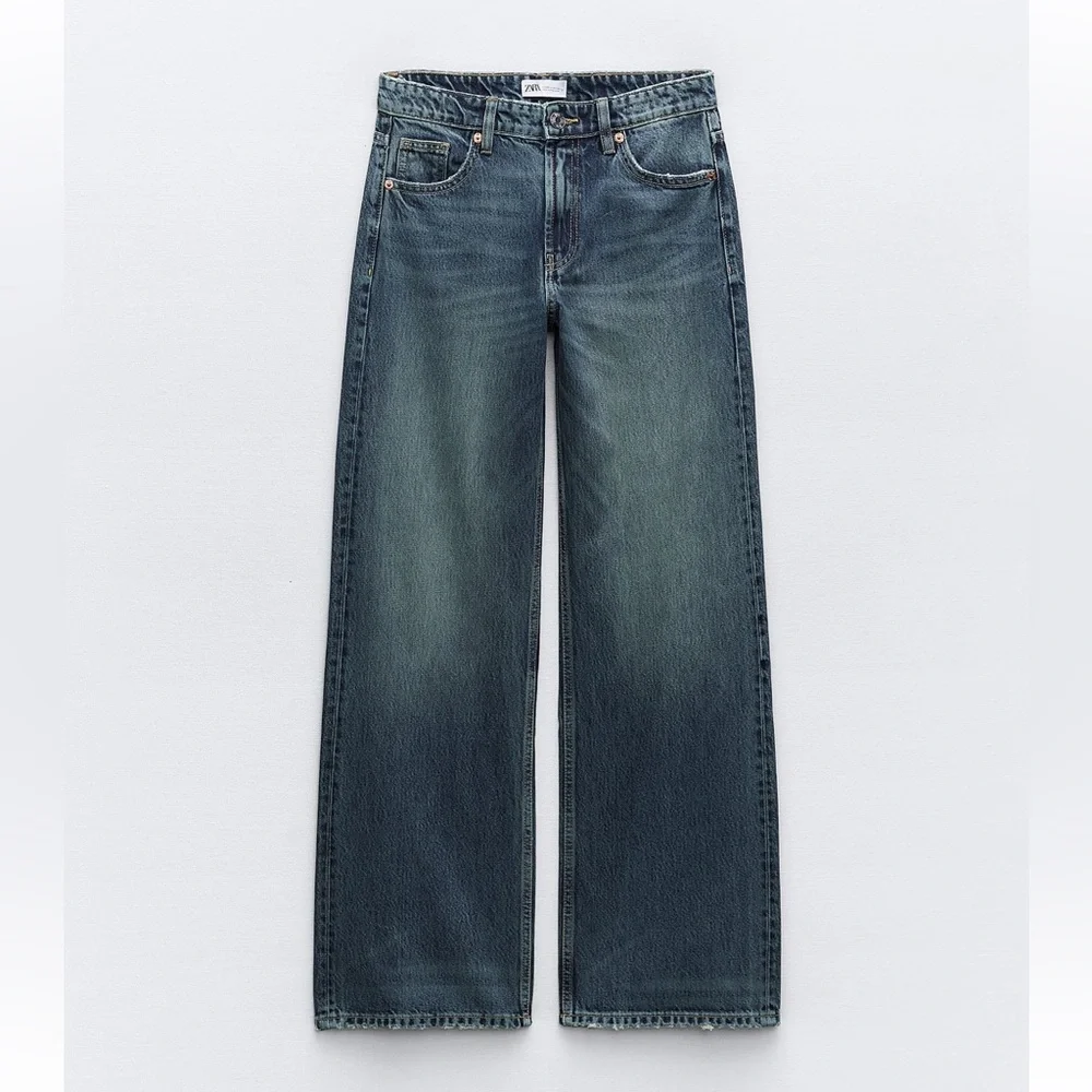 Zara Mid Rise TRE Loose Fit Long straight leg Jeans Blue size 32 US 10 NWT - Picture 3 of 16